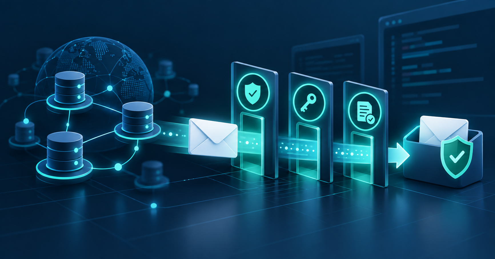 Email passing through SPF, DKIM and DMARC security checks in a Node.js API workflow