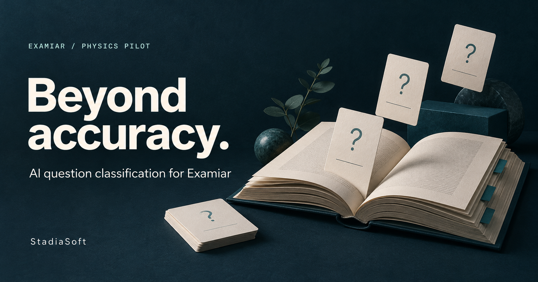 Beyond accuracy: Examiar Physics question-classification pilot. Symbolic open book and question cards.